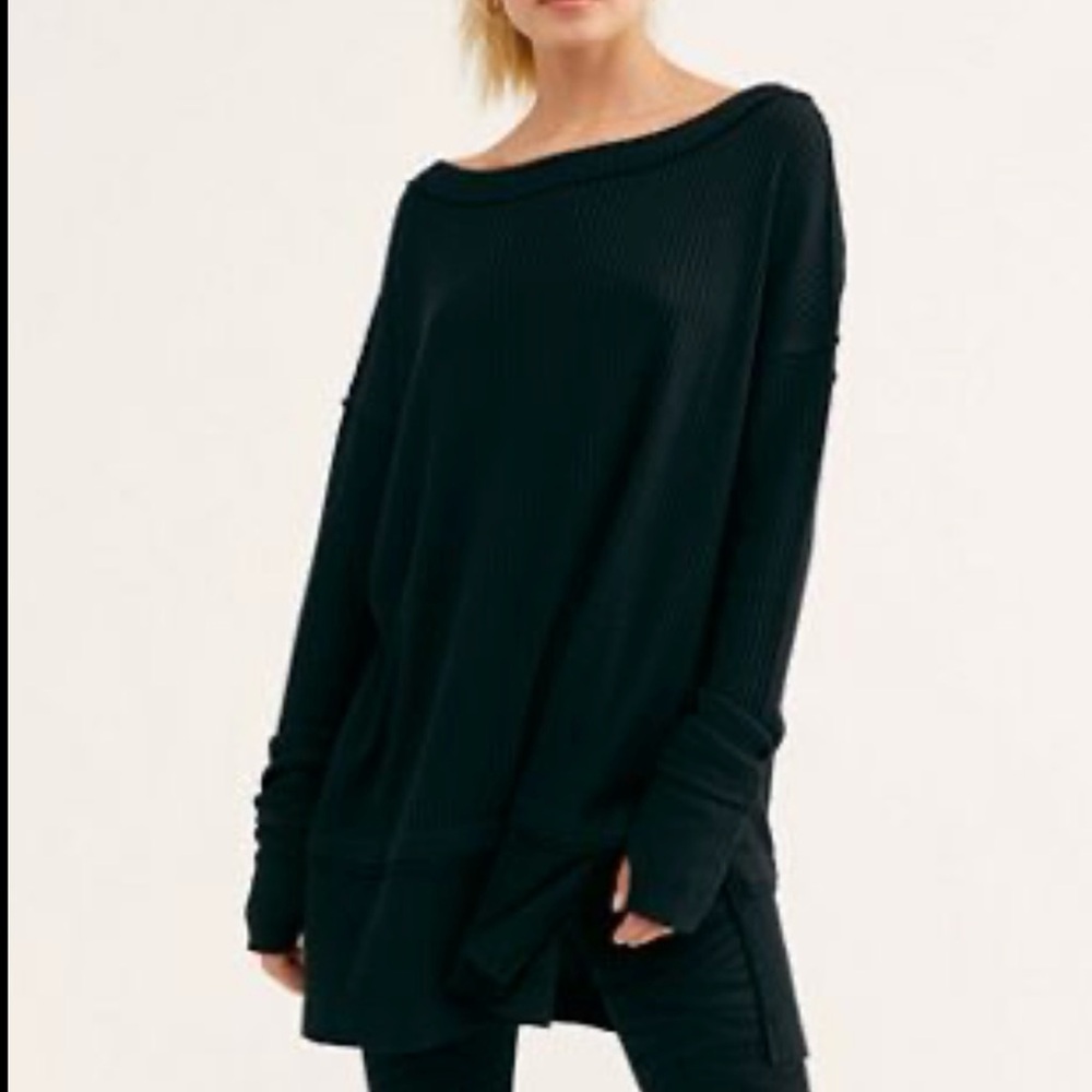 Free People We The Free Black North shore waffle thumb tunic top sz S